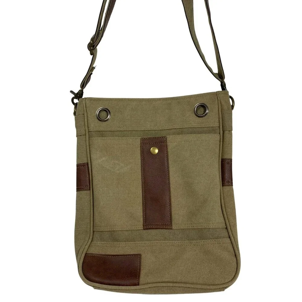 Heavy Khaki Canvas Faux Leather Trim Messenger Satchel Crossbody Bag Pockets EUC